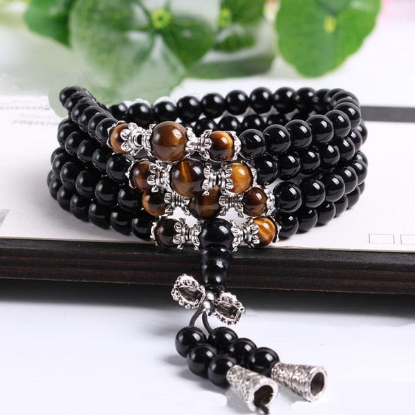 Tiger Eye Crystal Buddha Meditation 108 Prayer Bead Mala Bracelet/Necklace