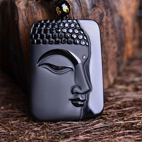 Natural Obsidian Stone Buddha Head Necklace