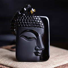 Natural Obsidian Stone Buddha Head Necklace