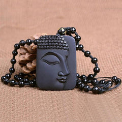 Natural Obsidian Stone Buddha Head Necklace