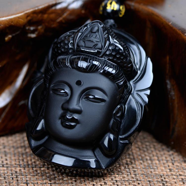 Natural Black Obsidian Buddha Head Necklace