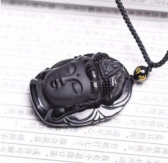 Natural Black Obsidian Buddha Head Necklace