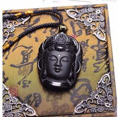 Natural Black Obsidian Buddha Head Necklace